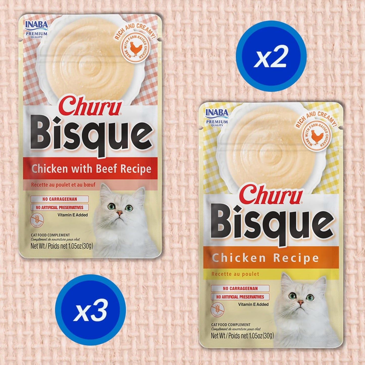 INABA Churu Bisque for Cats, Creamy Lickable Purée Side Dish with Vitamin E, 1 Ounce per Pouch, 15 Pouches, Chicken Variety Pack