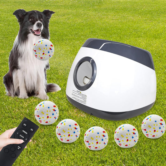 Automatic Dog Ball Launcher, Upgraded Interactive Dog Balls Thrower with 3 Distance 29Ft-79Ft, Remote Control Ball Launcher for Medium&Large Dogs, 5 Etpu Balls Included (Silver Grey