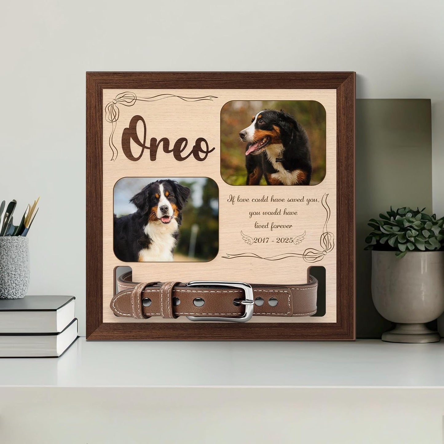 Custom Dog Memorial Collar Wood Frame – Personalized Dog Sympathy Gift, Memorial Pet Collar Holder with Photo, Loss of Dog Keepsake, Custom Pet Collar Holder for Dog Lovers