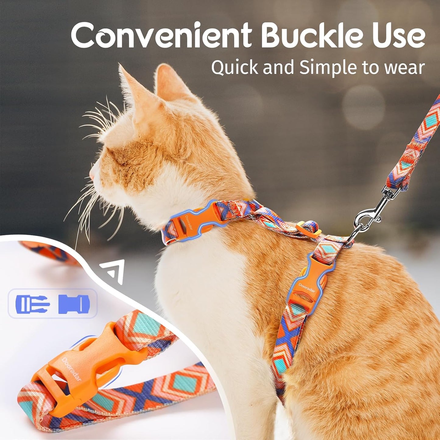 Dooradar Cat Harness and Leash, Escape Proof Adjustable Kitten Vest, Lightweight Soft Pet Straps, Easy Wearing for Small Medium Kitty Safe Walking Travel Control, Orange & Blue, M