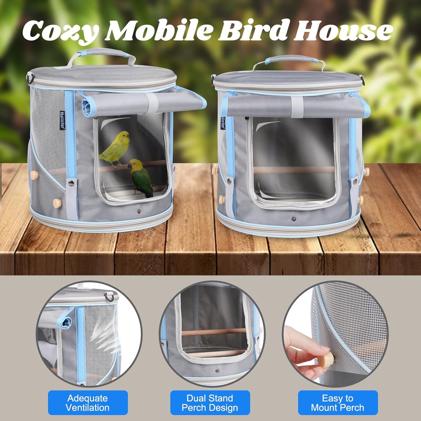 Bird Carrier with Clear Windows, Large Size, Portable Handle, 10 Ventilation Holes, Wooden Perch, Metal Tray, Side Access (Grey Oxford, Medium)