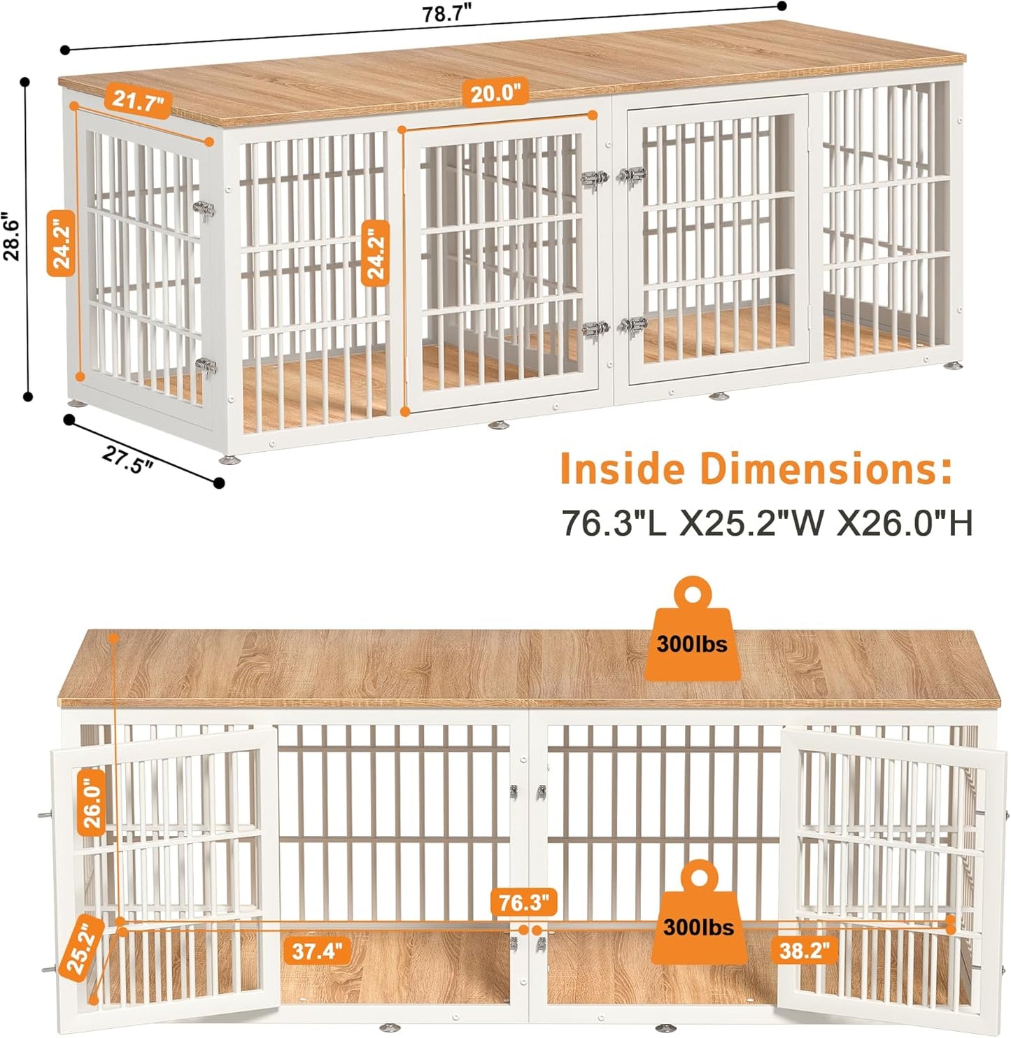 78 Inch Double Dog Crate Furniture, Heavy Duty Extra Large Cage Furniture with Divider for 2 Dogs, Decorative Wooden Kennel Indoor, Pet House for Large and Medium Dogs, White