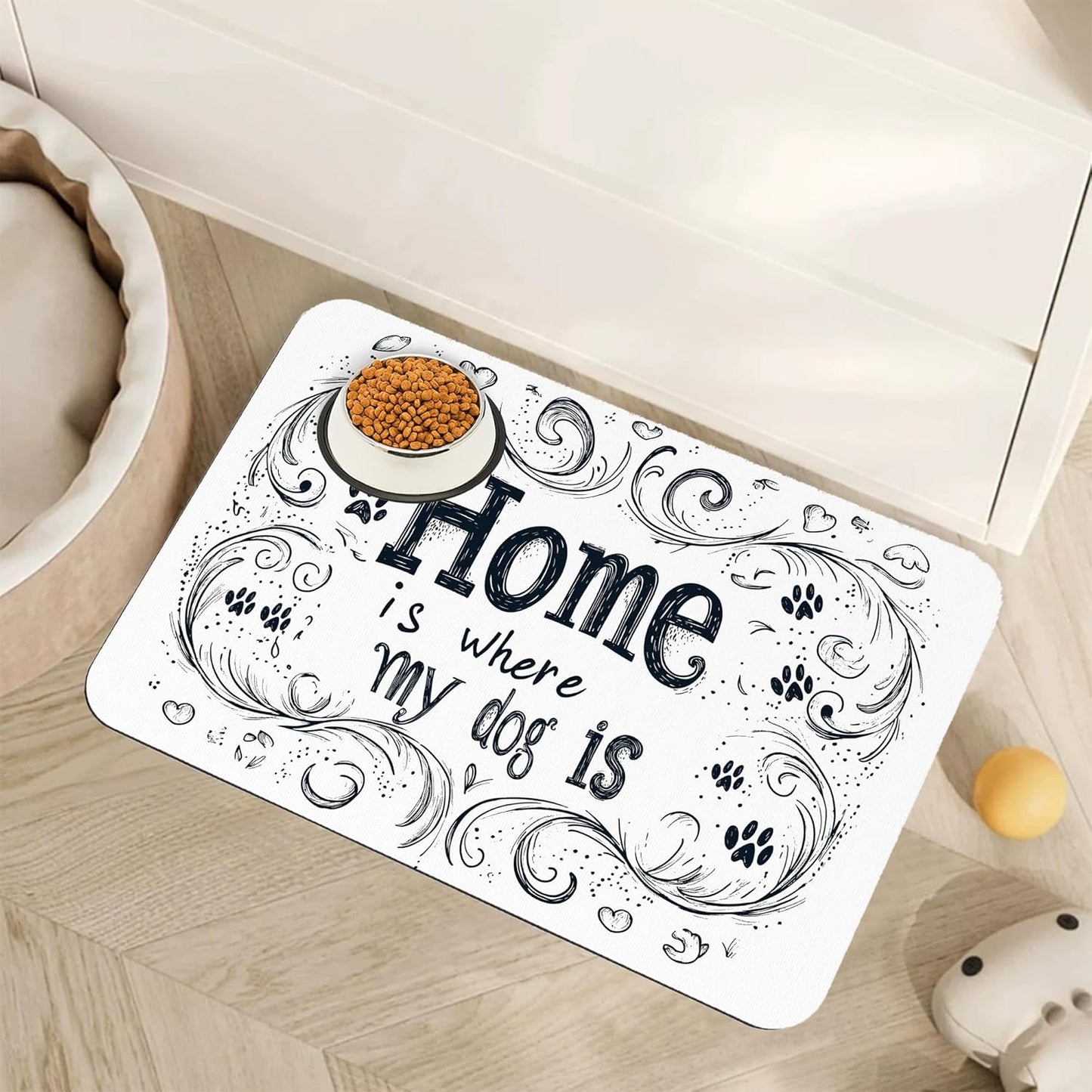 Home is Where My Dog is Dog Food Mat for Floors,Absorbent Quick-Dry Pet Feeding Mat,Cat Dog Bowl Mats for Food and Water,Non-Slip Pet Accessories Supplies 16"x24"