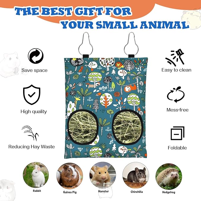 3 Pcs Rabbit Hay Feeder Bag, 2-Hole Hanging Hay Feeder Guinea Pig Hay Bags Washable Bunny Hay Bag for Rabbits Chinchillas Hamsters Small Pets and Animal (11.8"×8.7")