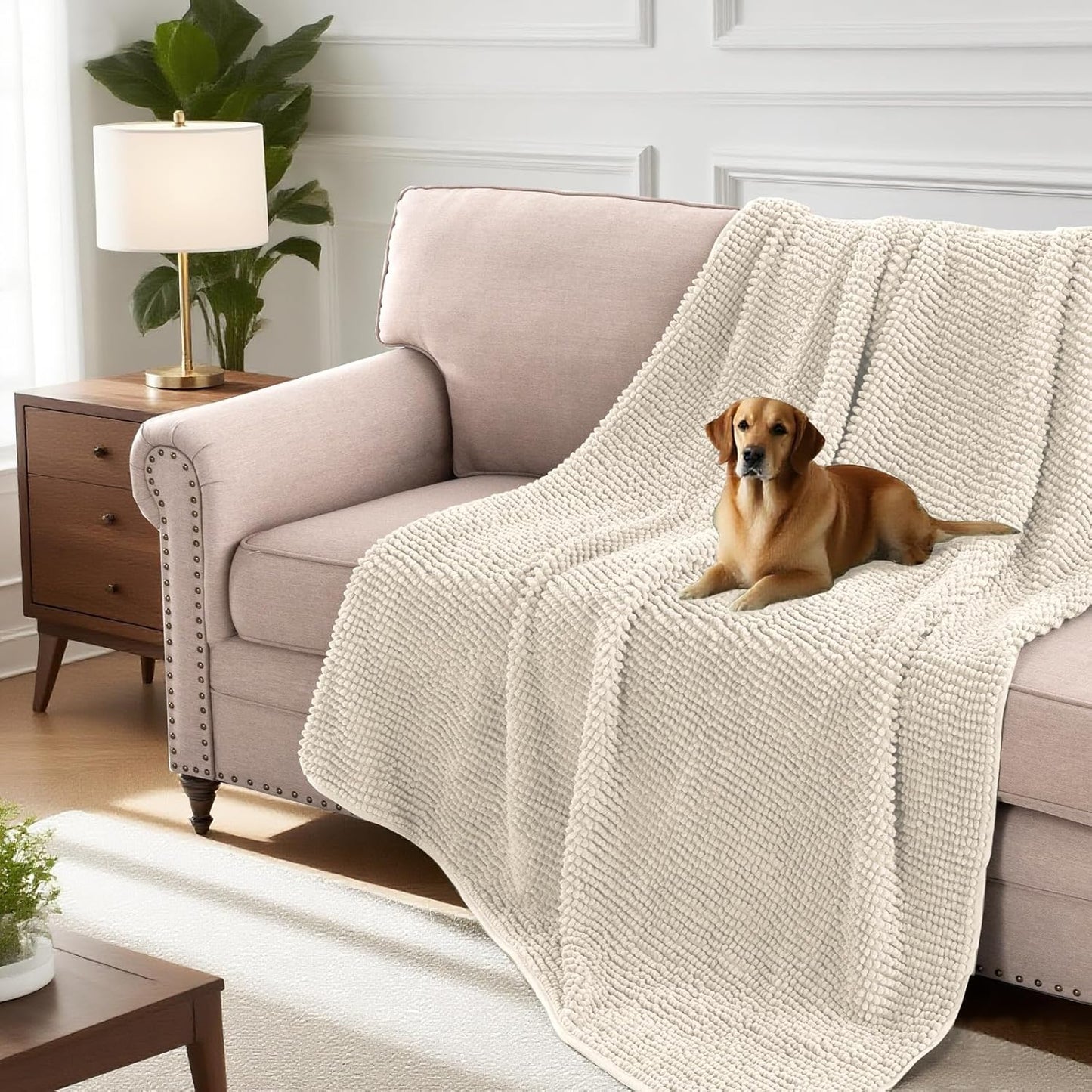 H.VERSAILTEX Plush Chenille Couch Cover for Dogs Pets Blanket for Bed Anti-Slip Soft and Durable Furniture Protector for Small Medium Large Cats Washable (52" x 82", Ivory)