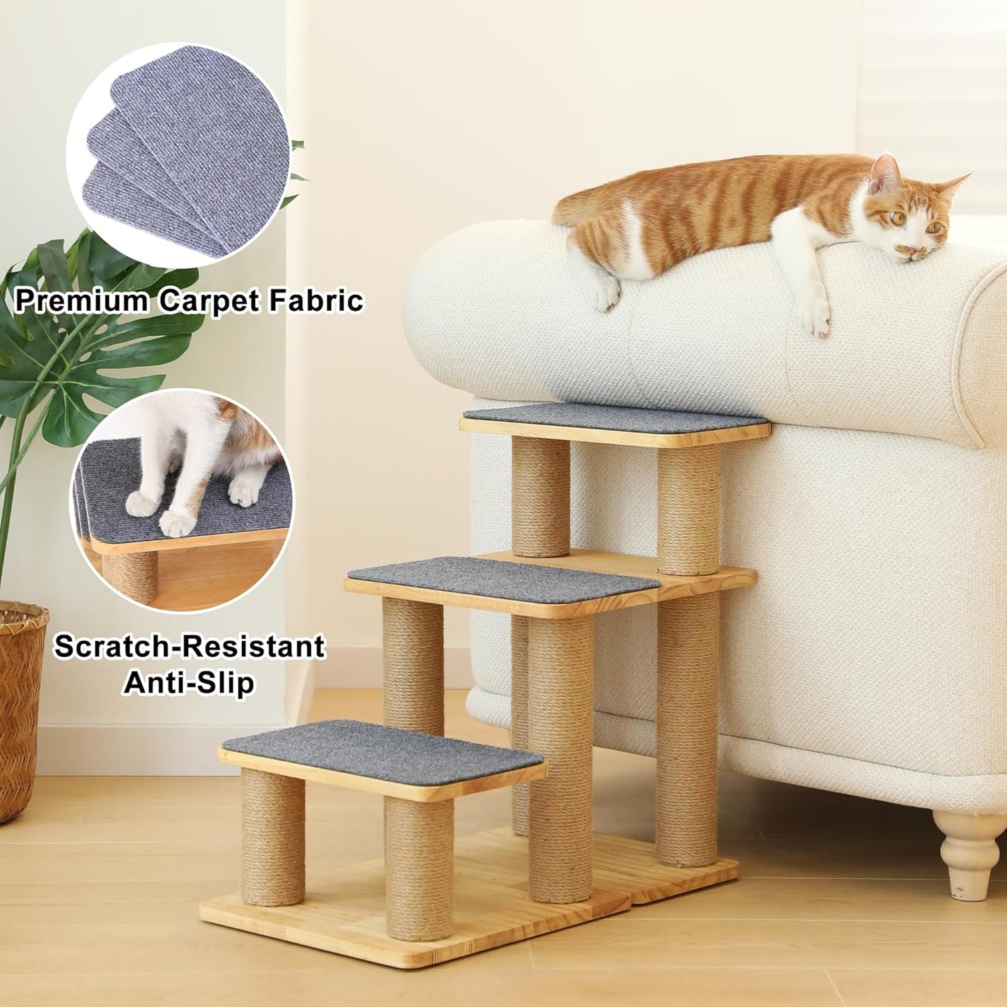 FUKUMARU Dog Stairs, Solid Wood Pet Stairs with Cat Scratching Post, Transformable Cat Ramp Can Hold Up to 200 lbs, 20 Inch Pet Steps for Dogs and Cats to Climb High Bed and Couch, Over 6 Combinations