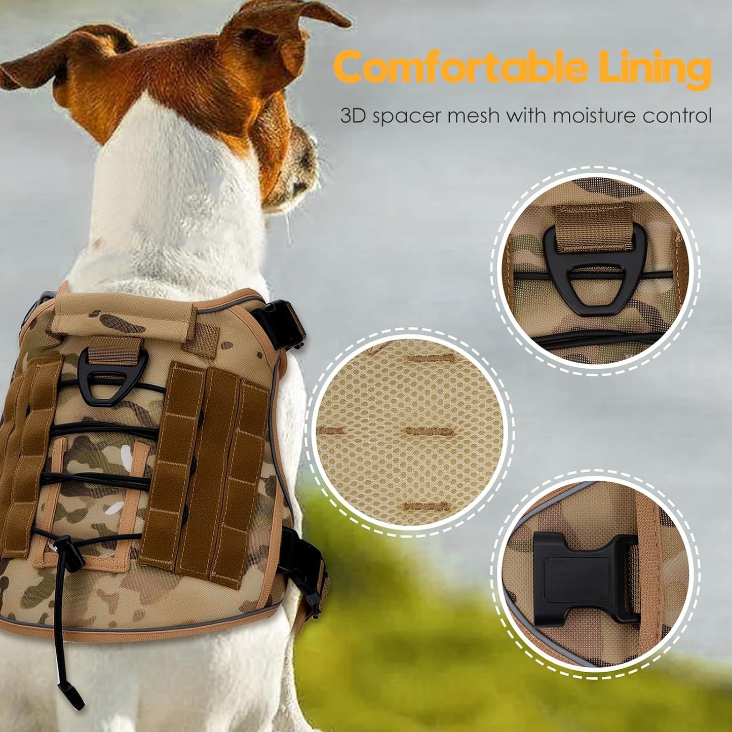 Heavy-Duty Tactical Dog Harness for Large Dogs, No Pull Adjustable Reflective Pet Vest with Molle System, K9 Military-Grade Control for Service Training, Outdoor & 10+ Breeds, Desert Camo, XX-Large