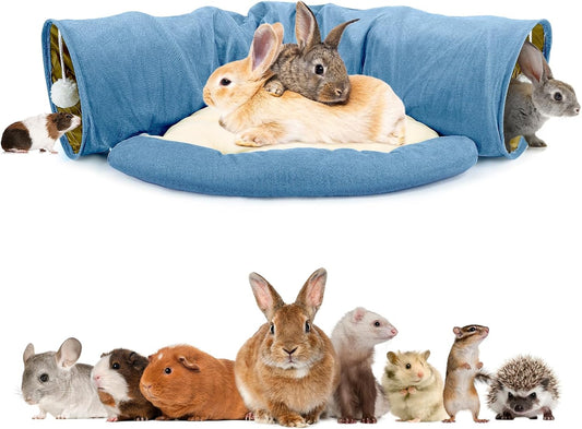 BWOGUE Bunny Tunnel Bed, 2-in-1 Collapsible Tunnel Tubes Toys with Removable Mat Hideout for Cats Kittens Rabbits Guinea Pigs Kitty