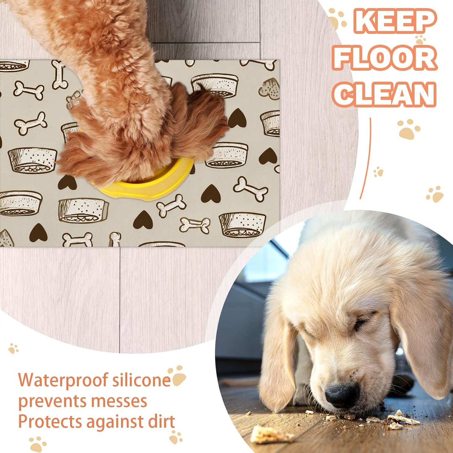 Dog Cat Food Mat,12"x20" Inches Rapid Absorbent Pet Feeding Mat,Pets Placemat Water Bowl Mats with Rubber Backing,No Stains Cat Dog Feeding Mats Indoor,Pet Accessories Supplies,Brown Dogs Paw