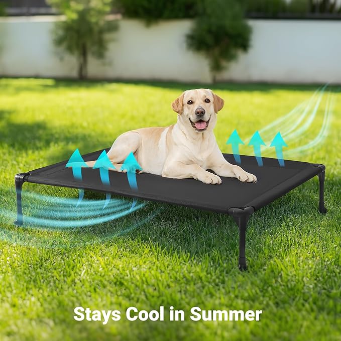 Veehoo Outdoor Elevated Dog Cot Bed, Cooling Raised Pet Bed for Large Dogs, Washable Breathable Mesh Hammock Bed with No-Slip Feet, Indestructible Ground Off Training Platform Cot-42"x30" Black Silver