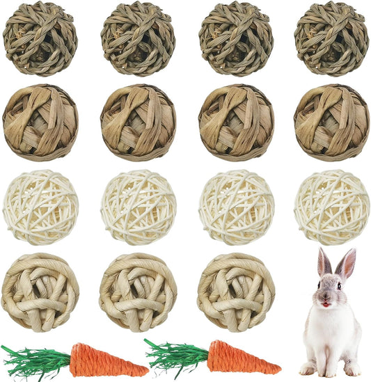 kathson 17 Pcs Natural Rabbit Chew Toys Guinea Pig Toys Small Animal Play Ball Bunny Activity Chinchilla Rolling Toy Gnawing Treats Grass Balls for Pet Rat Hamsters Gerbils Mice Cage Entertainment