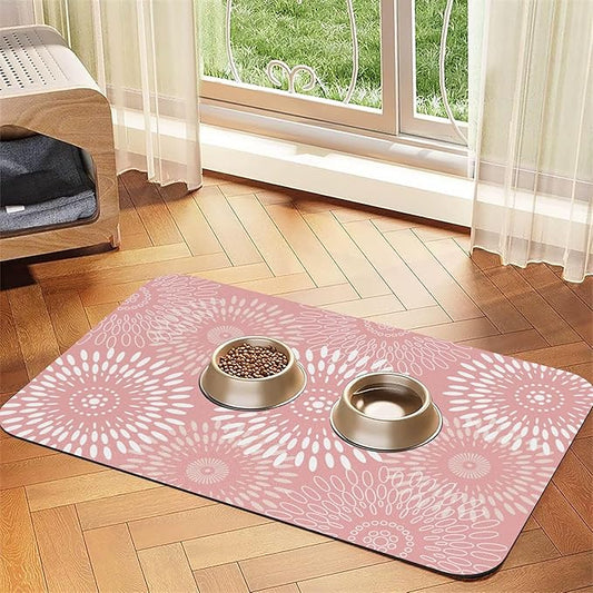Quick-Dry Absorbent Dog Food Mat 12x18 Inch Retro Modern Geometric Aesthetic Non-Slip Pet Cat Feeding Mat with Waterproof Backing Training Mat for Pets（Pink）