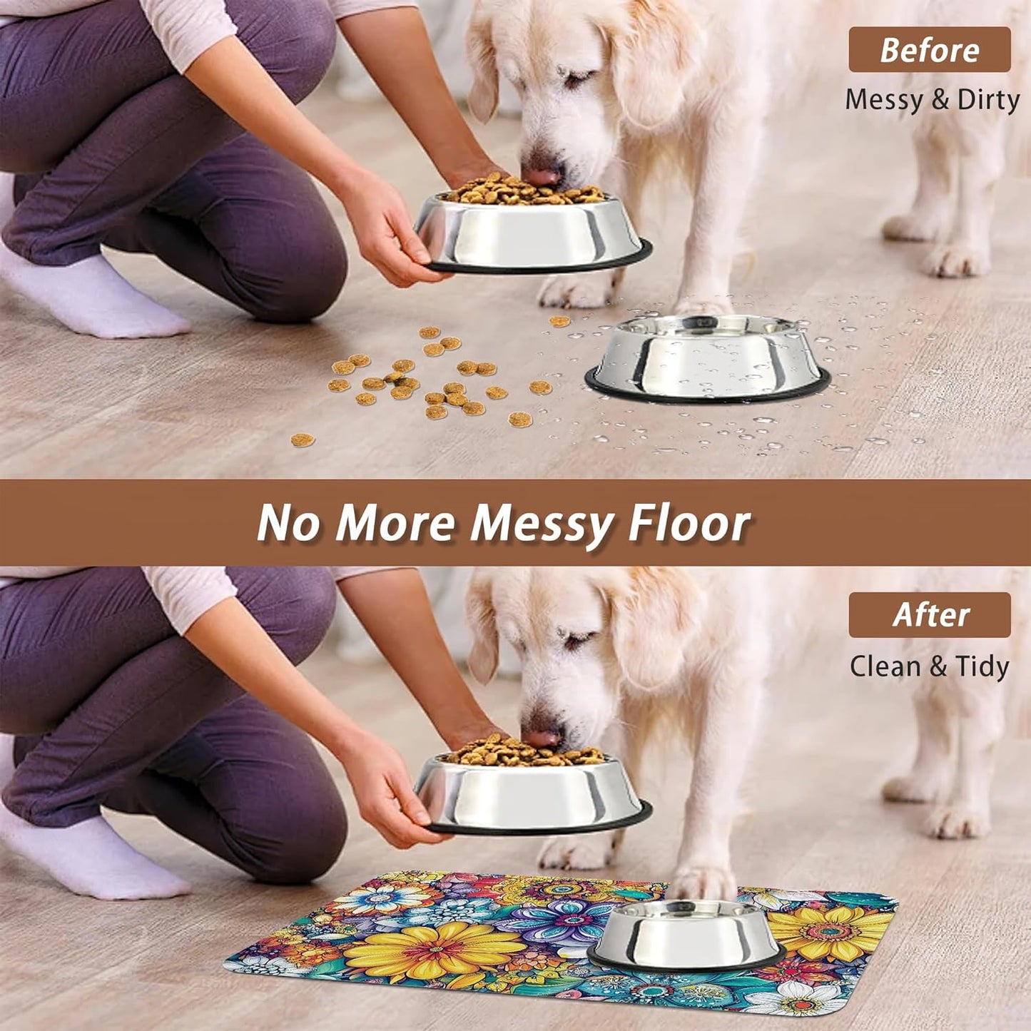 Floral Dog Food Mat for Floors,Cute Mandala Flower Absorbent Quick-Dry Pet Feeding Mat,Cat Dog Bowl Mats for Food and Water,Non-Slip Pet Accessories Supplies 16"x24"