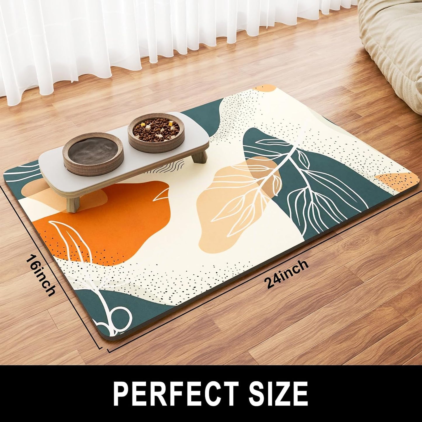 Dog Food Mat, 16" x 24" Boho Absorbent Dog Cat Bowl Mat for Food and Water, Cute Anti-Slip Rubber Pet Feeding Rug Protect Floors, Placemat for Feeding & Watering Supplies, Boho Abstract