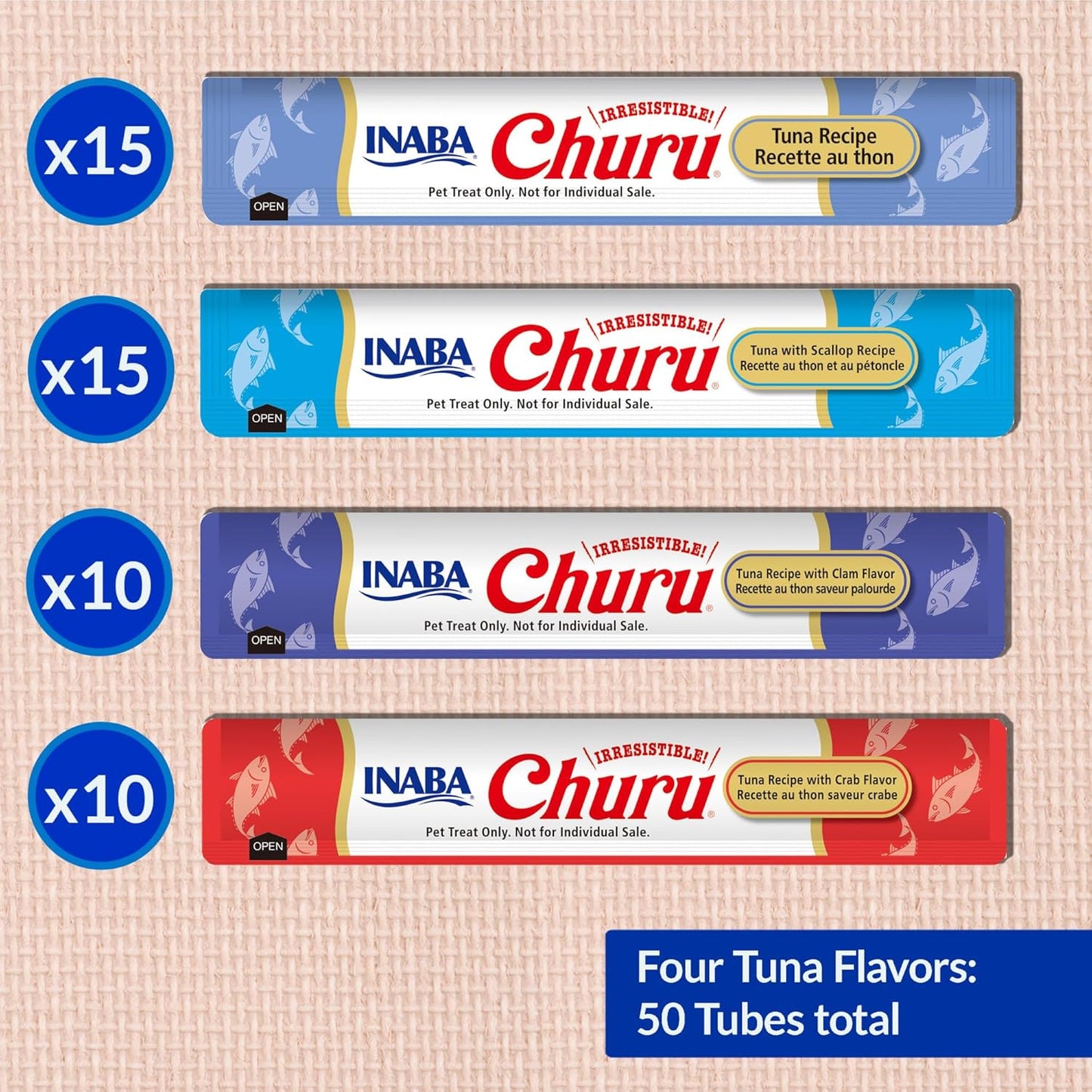 INABA Churu Cat Treats, Grain-Free, Lickable, Squeezable Creamy Purée Cat Treat/Topper with Vitamin E & Taurine, 0.5 Ounces Each Tube, 50 Tubes, Tuna & Seafood Variety
