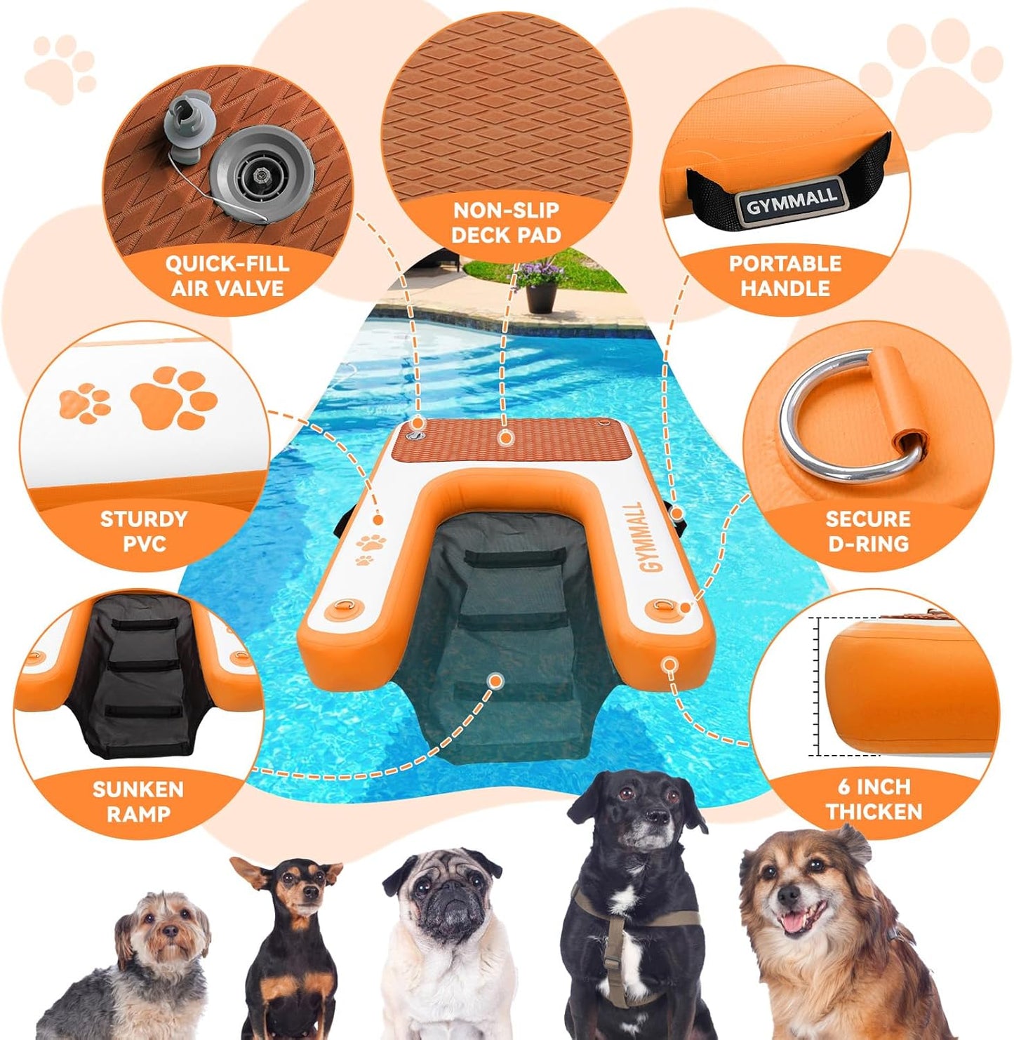 Inflatable Dog Water Ramp Pet Dock Platform Orange, Pet Water Platform for Boat Pool Lake Sea, Non-Slip Safety Floating Dock for Dogs up to 200lbs, EVA Puppy Float Ramp Dog Water Ladder