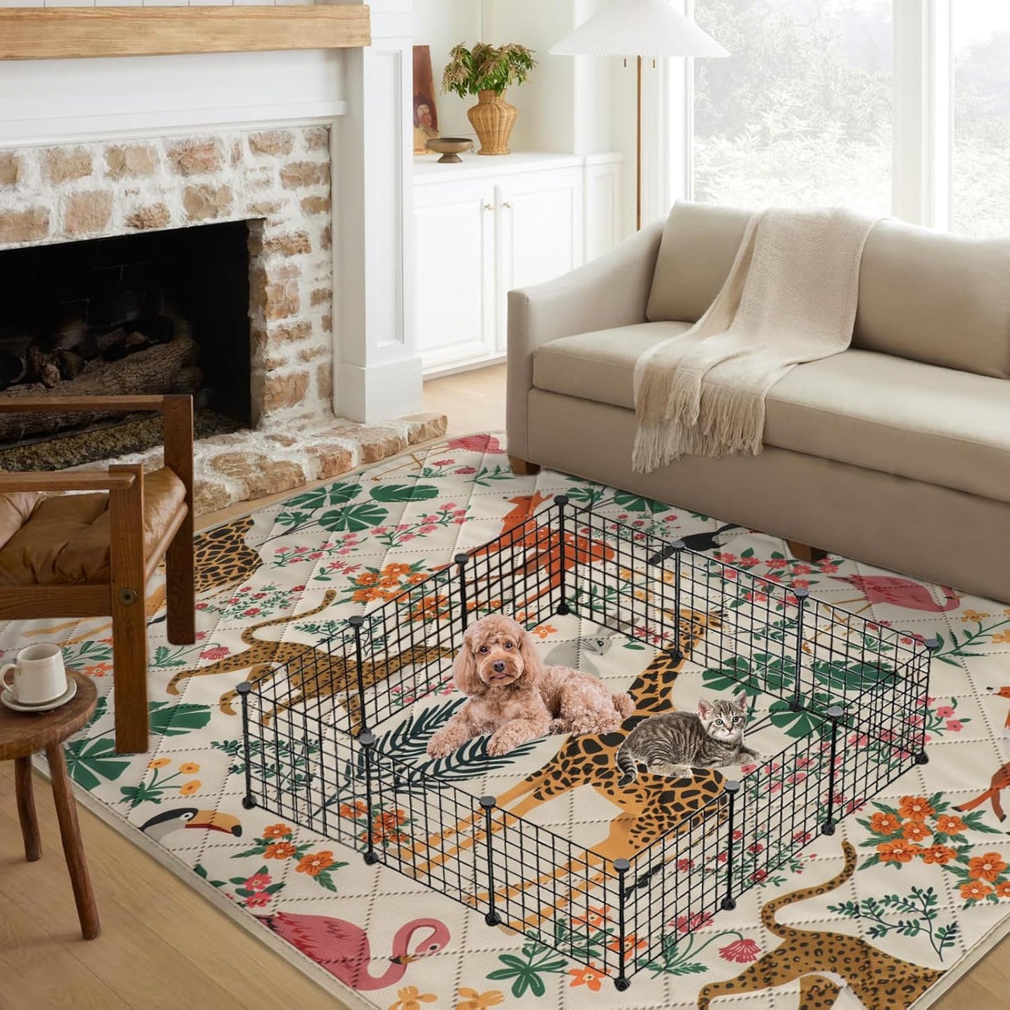 IEUUMLER Washable Pee Pads for Dogs, 1 Pack Forest Pattern Reusable Waterproof Puppy Pads, Non-Slip Super Absorbent Dog Training Pad for Playpen Crate Bed EU013 Beige Jungle, 63x63