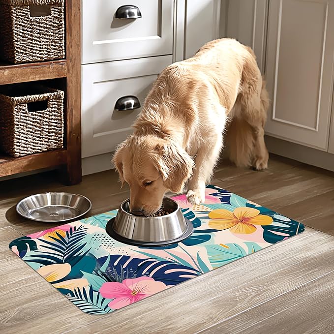 Tropical Leaves Flowers Pet Feeding Mat for Floors-Absorbent Dog Bowl Mat for Food and Water, Quick Dry Pet Cat Feeding Mats with Non Slip Bottom, Mess-Free Dog Accessories 16"x24"