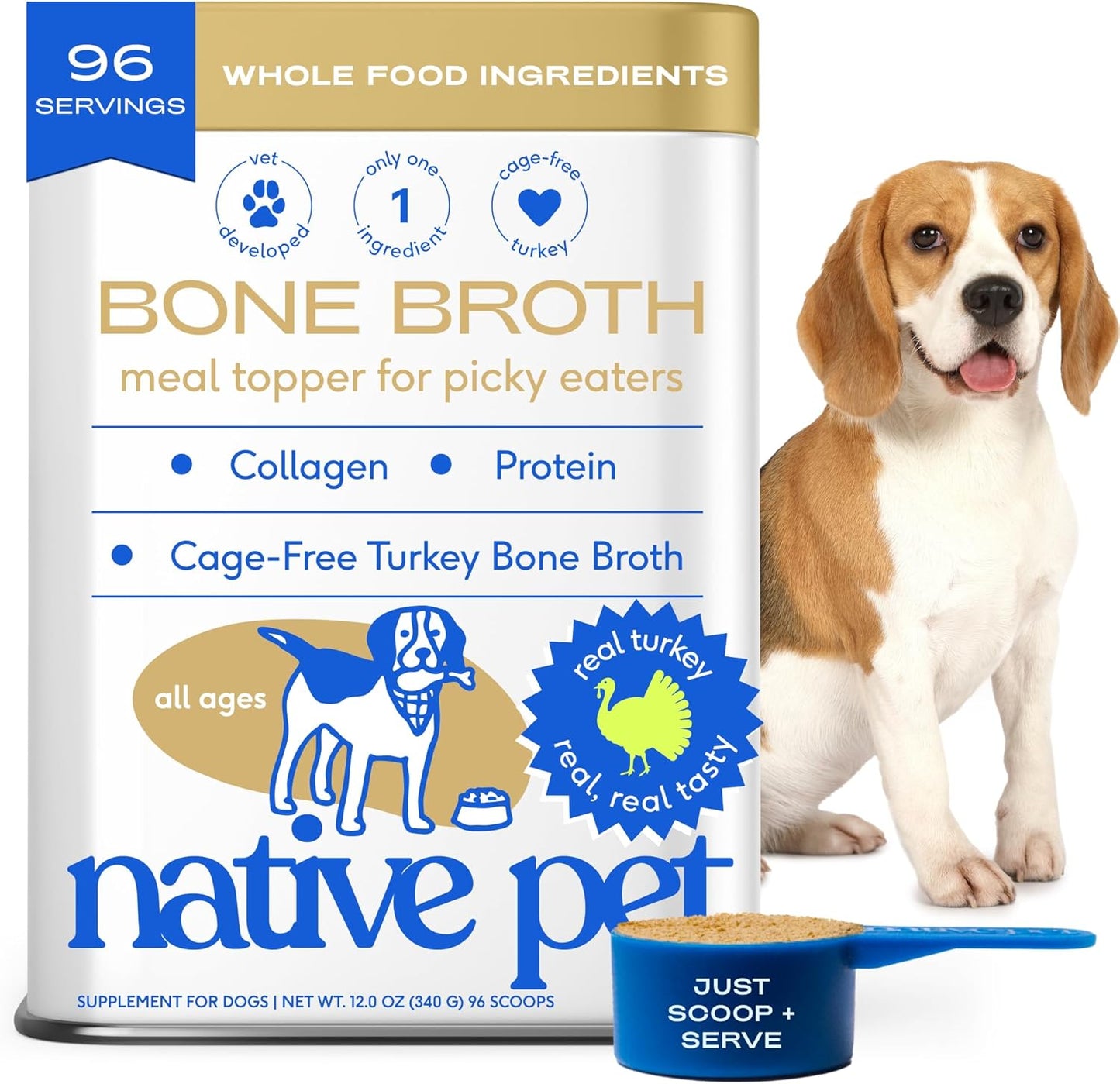Native Pet Bone Broth for Dogs and Cats - Turkey Bone Broth Powder Dog Food Toppers for Picky Eaters - Provides Extra Nutrition for Joint Strength, Immune Support & Heart Health - 96 Scoops