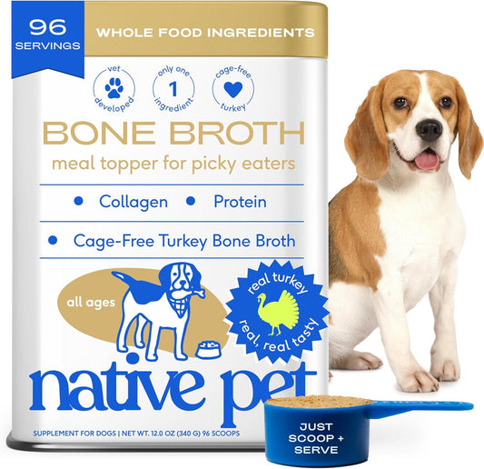 Native Pet Bone Broth for Dogs and Cats - Turkey Bone Broth Powder Dog Food Toppers for Picky Eaters - Provides Extra Nutrition for Joint Strength, Immune Support & Heart Health - 96 Scoops