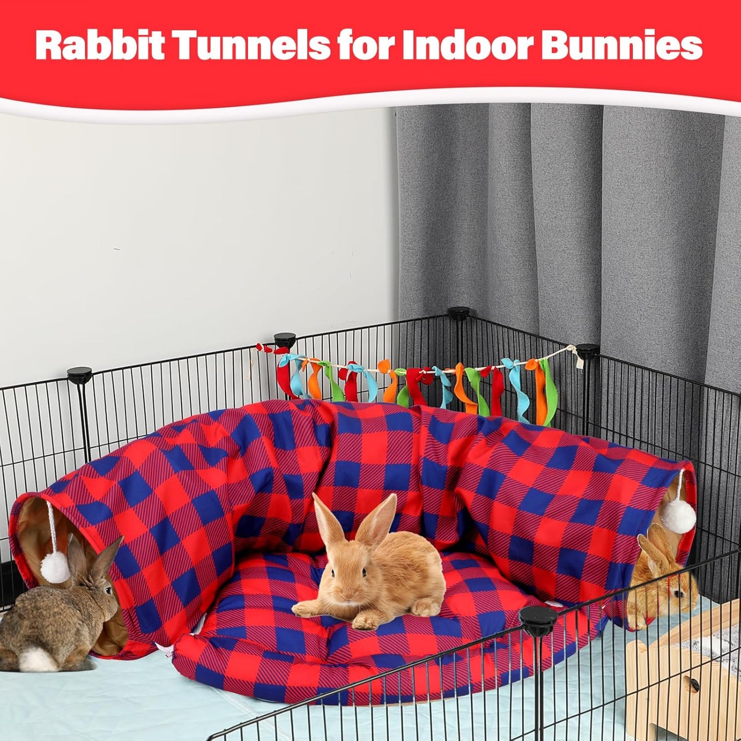 BWOGUE Bunny Tunnel Bed, 2-in-1 Collapsible Tunnel Tubes Toys with Removable Mat Hideout for Cats Kittens Rabbits Guinea Pigs Kitty (RedPlaid)