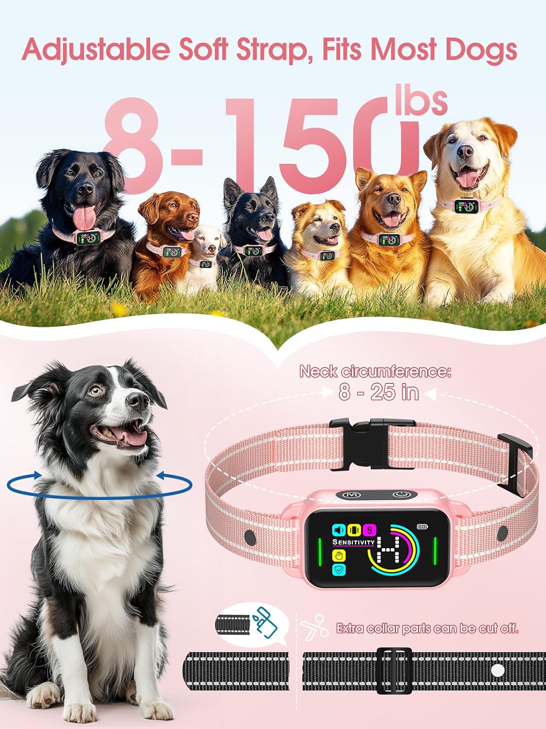 DINJOO Dog Bark Collar for Large/Medium/Small Dogs | Rechargeable Smart AI Anti-Barking Training Collar with 8 Adjustable Sensitivity, Beep & Vibration Modes | Solves Excessive Barking - Rose Pink
