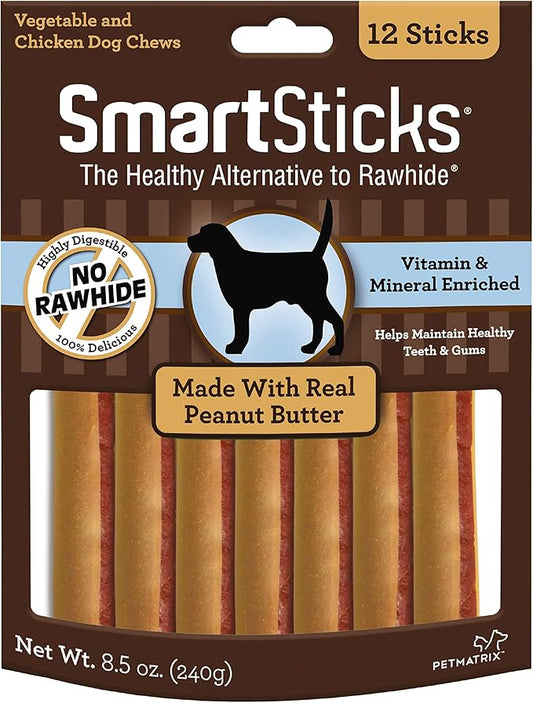 SmartBones SmartSticks With Real Peanut Butter 12 Count, Rawhide-Free Chews For Dogs