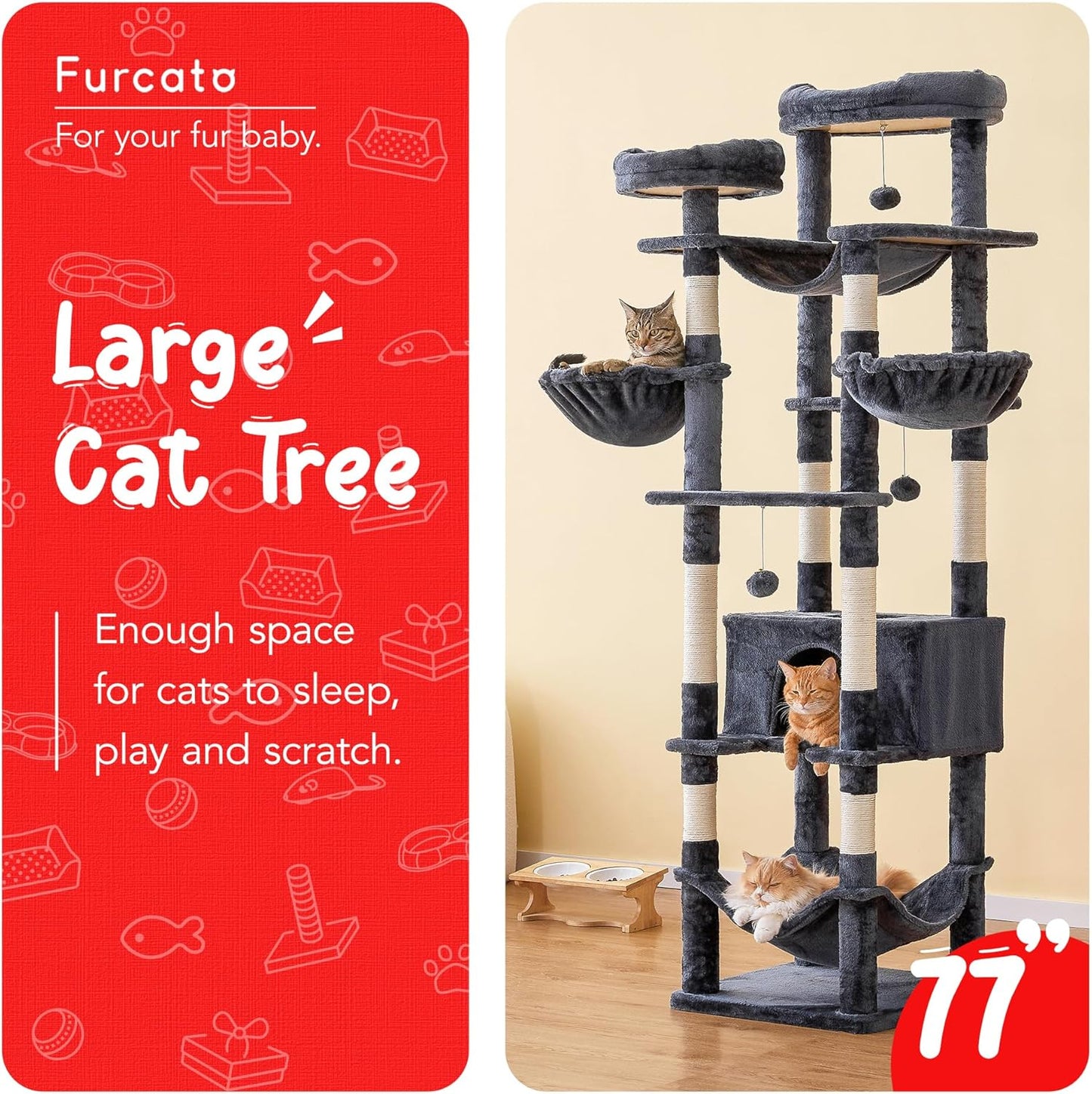 77-Inch Tall Cat Tree for Indoor Cats, Multi-Level Large Cat Tower with 4 Hammocks, 2 Padded Perches, Cat Condo, Sisal Scratching Posts and Hanging Toys for Large Adult Cat, Smoky Grey