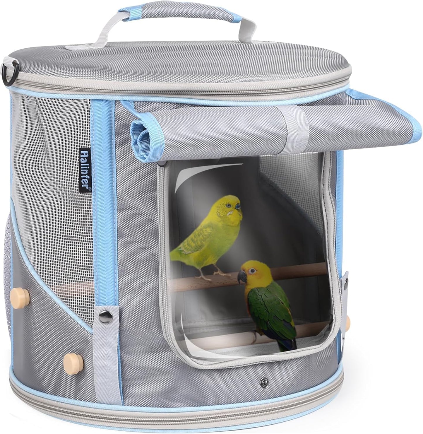 Bird Carrier with Clear Windows, Large Size, Portable Handle, 10 Ventilation Holes, Wooden Perch, Metal Tray, Side Access (Grey Oxford, Medium)