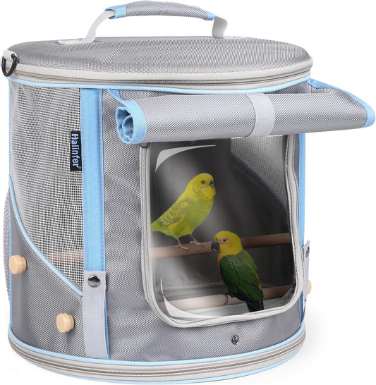 Bird Carrier with Clear Windows, Large Size, Portable Handle, 10 Ventilation Holes, Wooden Perch, Metal Tray, Side Access (Grey Oxford, Medium)