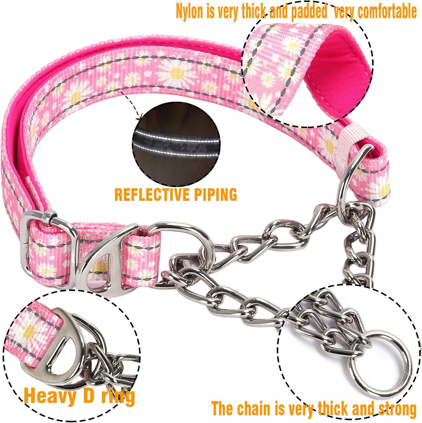 Martingale Collar for Dogs with Pink Daisy,Reflective Nylon Adjustable No Pull Dog Training Chain Collar Training, Walking, Hunting for All Breeds(Pink Daisy XXL)