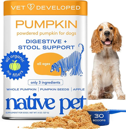 Native Pet Pumpkin for Dogs - Organic Powder Pumpkin Puree Dog Food Toppers -Rich in Fiber Supplement Powder Helps with Digestion, Nutrient Absorption, Diarrhea, Constipation & Upset Stomach-30 Scoops
