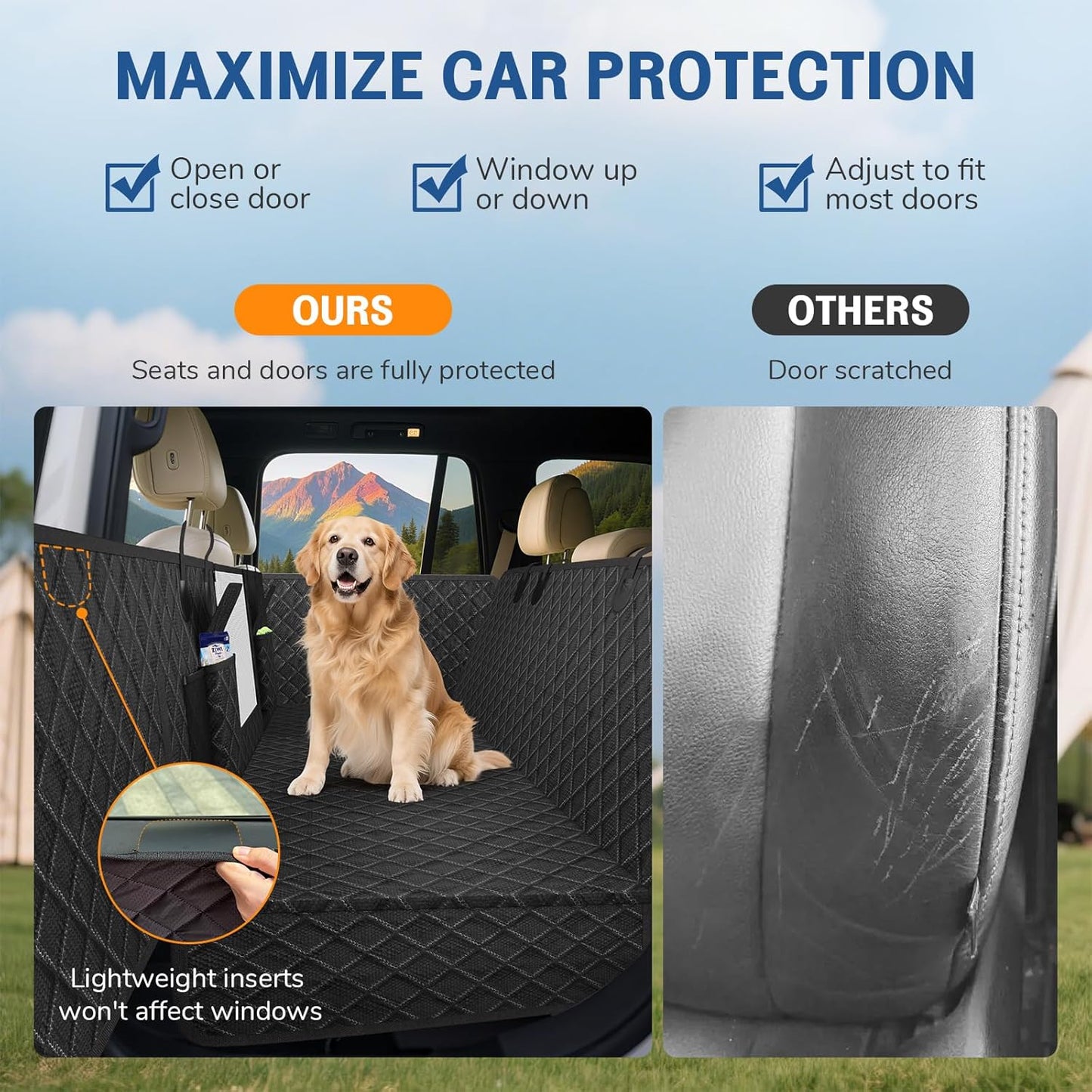 Dog Car Seat Cover for Back Seat：Waterproof Back Seat Extender for Dogs - Hard Bottom Car Seat Cover for Dogs with Door Protectors - Dog Car Seat for Traveling and Camping with Pets