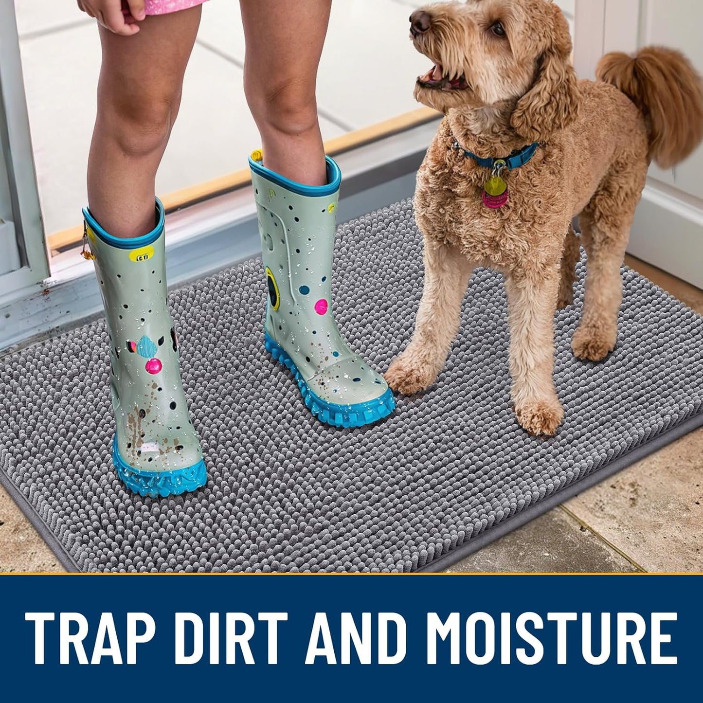 Smiry Dog Door Mat for Muddy Paws 54x32, Absorbs Moisture and Dirt Doormat, Non-Slip Washable Quick Dry Chenille Front Door Mat Indoor Entrance, Entryway Carpet for Inside Floor, Grey