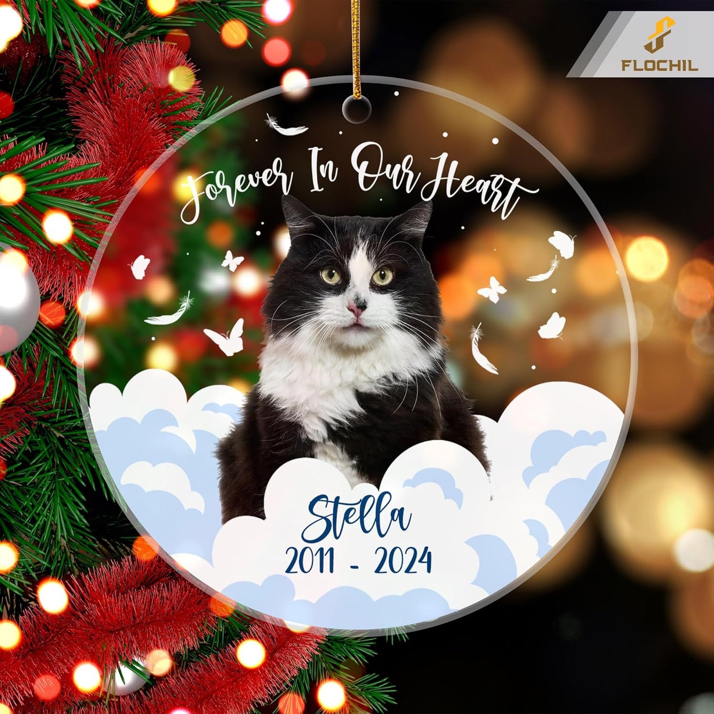 FLOCHIL Personalized Memorial Cat Christmas Ornament, Custom Cat Memorial Ornament with Name Photo, Pet Memorial Ornament, Gift for Pet Lovers