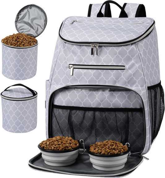 BAGLHER Dog Travel Bag Backpack, Airline Approved Pet Supplies Backpack, Dog Travel Backpack with 2 Silicone Collapsible Bowls and 2 Food Baskets DLWhite
