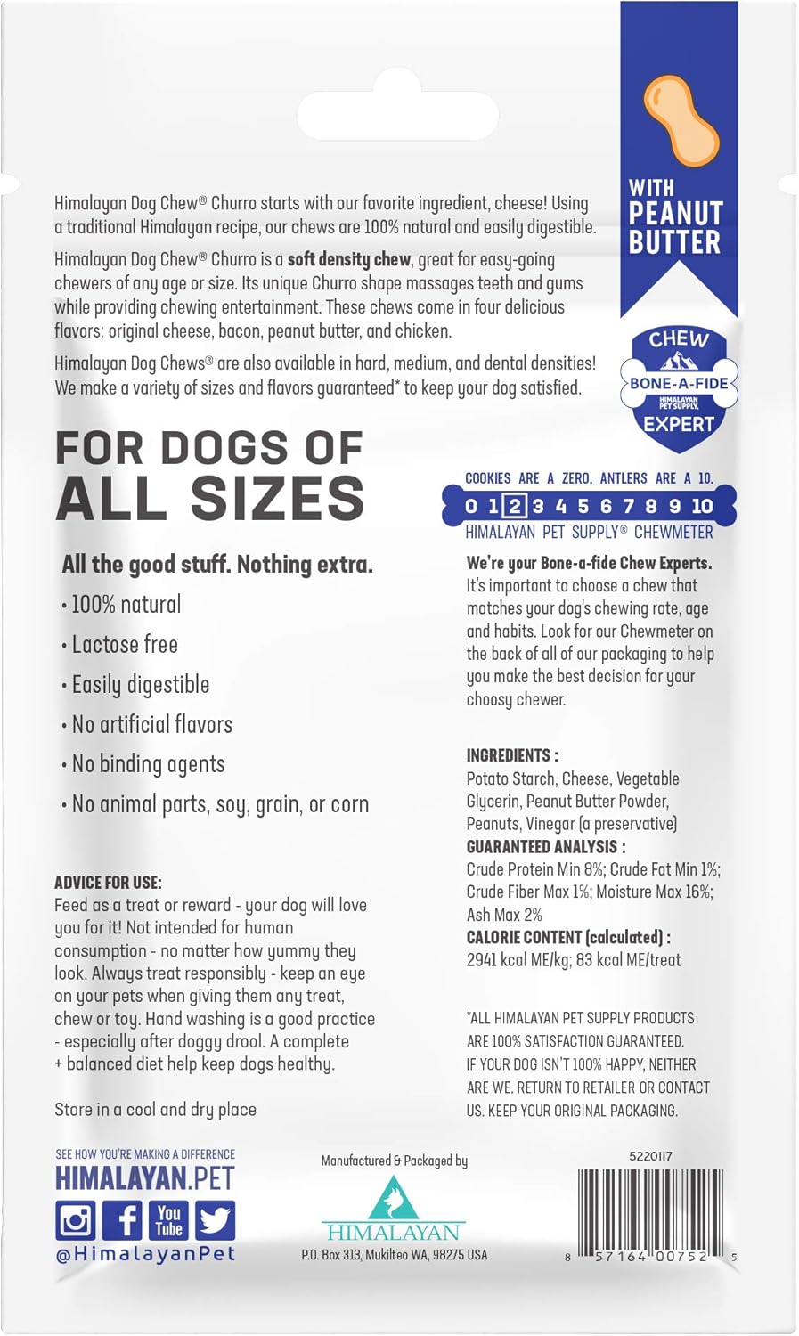 Himalayan Dog Chew Churro Yak Cheese Dog Chews, 100% Natural, Long Lasting, Gluten Free, Healthy & Safe Dog Treats, Lactose & Grain Free, Protein Rich, Real Peanut Butter Flavor, 4 Churros Per Pouch