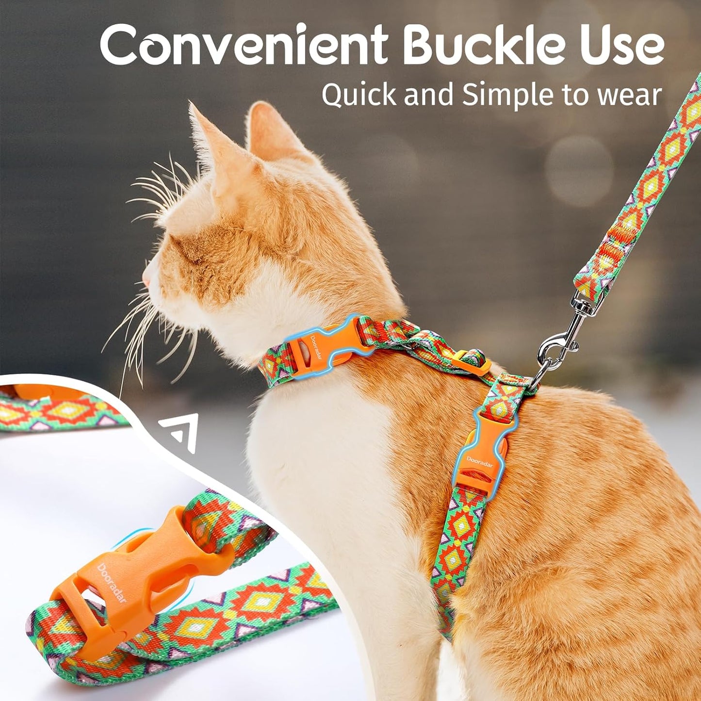 Dooradar Cat Harness and Leash, Escape Proof Adjustable Kitten Vest, Lightweight Soft Pet Straps, Easy Wearing for Small Medium Kitty Safe Walking Travel Control, Multicolor, M