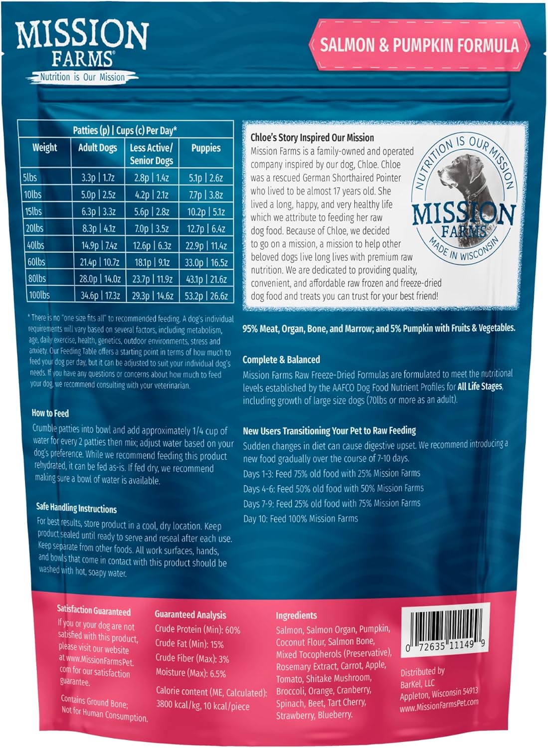 Mission Farms Wild Caught Salmon & Pumpkin Freeze-Dried Raw Dog Food Formula Complete & Balanced Meal for All Ages, 14 oz