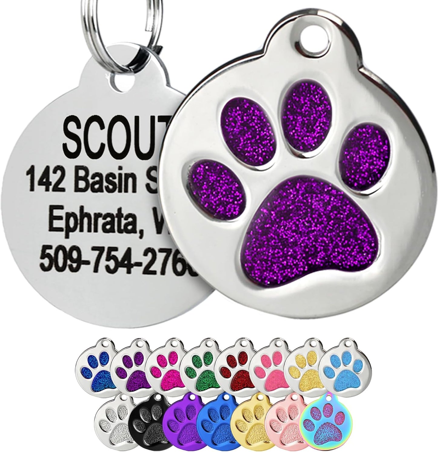 GoTags Paw Print Round Stainless Steel Pet Tag for Dogs and Cats, Personalized with 4 Lines of Custom Engraved ID Name and Number, in Stainless Steel and 15 Colors Small and Large, Glitter Purple