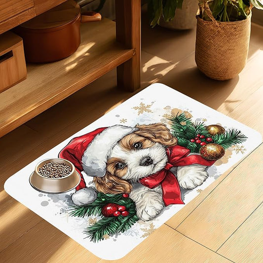 Merry Christmas Dog Dog Cat Food Mat-Absorbent Placemat for Food and Water Bowl, Waterproof Non Slip Rubber Backing Dog Food Mats for Floors, Pet Supplies 16 * 24 inch