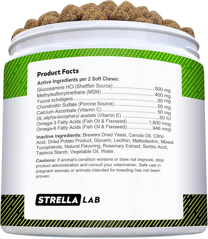 STRELLALAB Glucosamine Treats for Dogs - Joint Supplement w/Omega-3 Fish Oil - Chondroitin, MSM - Advanced Mobility Chews - Joint Pain Relief - Hip & Joint Care - Bacon Flavor - 240 Ct - Made in USA
