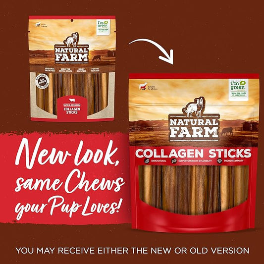 Natural Farm Pork Collagen Sticks Dog Chews, 6-Inch (15 Pack), Odor-Free Long-Lasting Chews, 100% Natural Pork Bacon Skin, Great Alternative for Bully Stick & Rawhide, Great for All Dogs