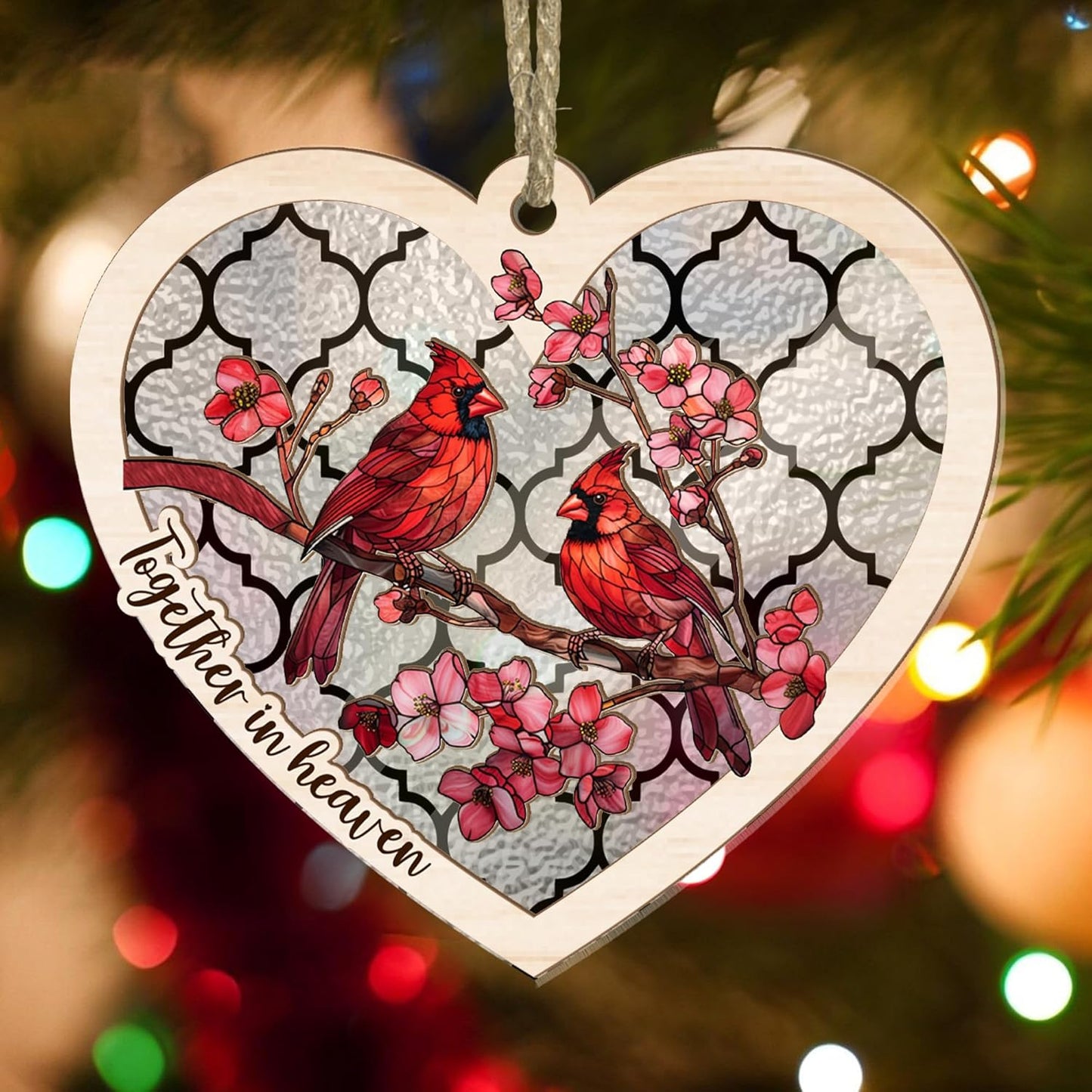 Personalized Cardinal Suncatcher Memorial Ornament – “Together in Heaven” Heart-Shaped Custom Remembrance Gift for Loss of Loved Ones – Stained Glass Cardinal Suncatchers for Windows or Car Display