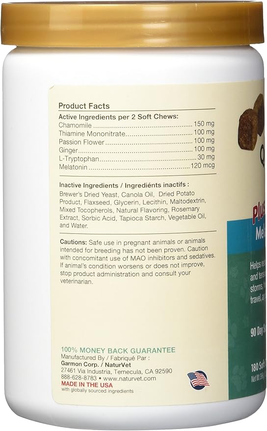 NaturVet Quiet Moments Calming Dog Supplement, Dog Soft Chews with Melatonin to Help Reduce Stress from Storms, the Vet, Fireworks, and Travel, Bacon and Chicken Flavored Pet Supplement, 180 Count Jar