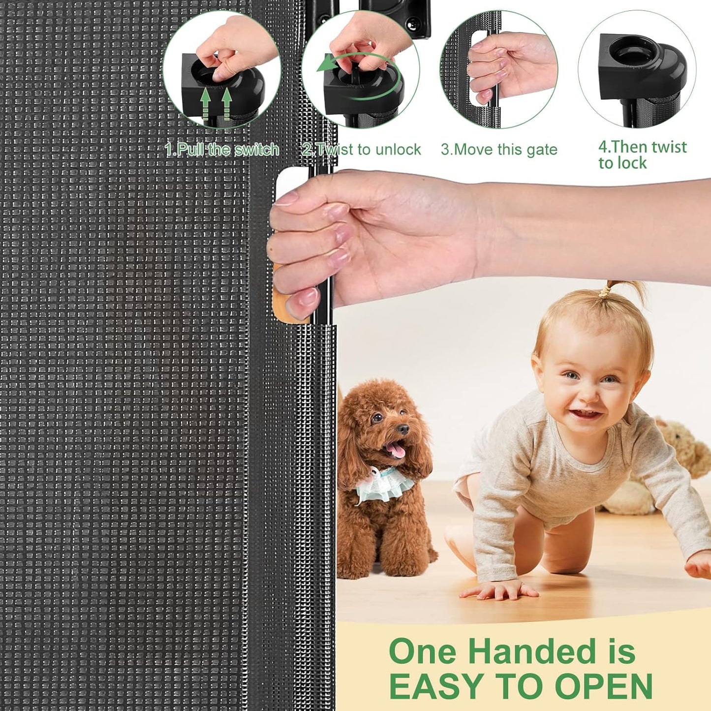 Upgraded Retractable Baby Gate, Extra Wide Safety Kids or Pets Gate, 33” Tall, Extends to 71” Wide, Mesh Safety Dog Gate for Stairs, Indoor, Outdoor, Doorways, Hallways(33”x71”, Black)