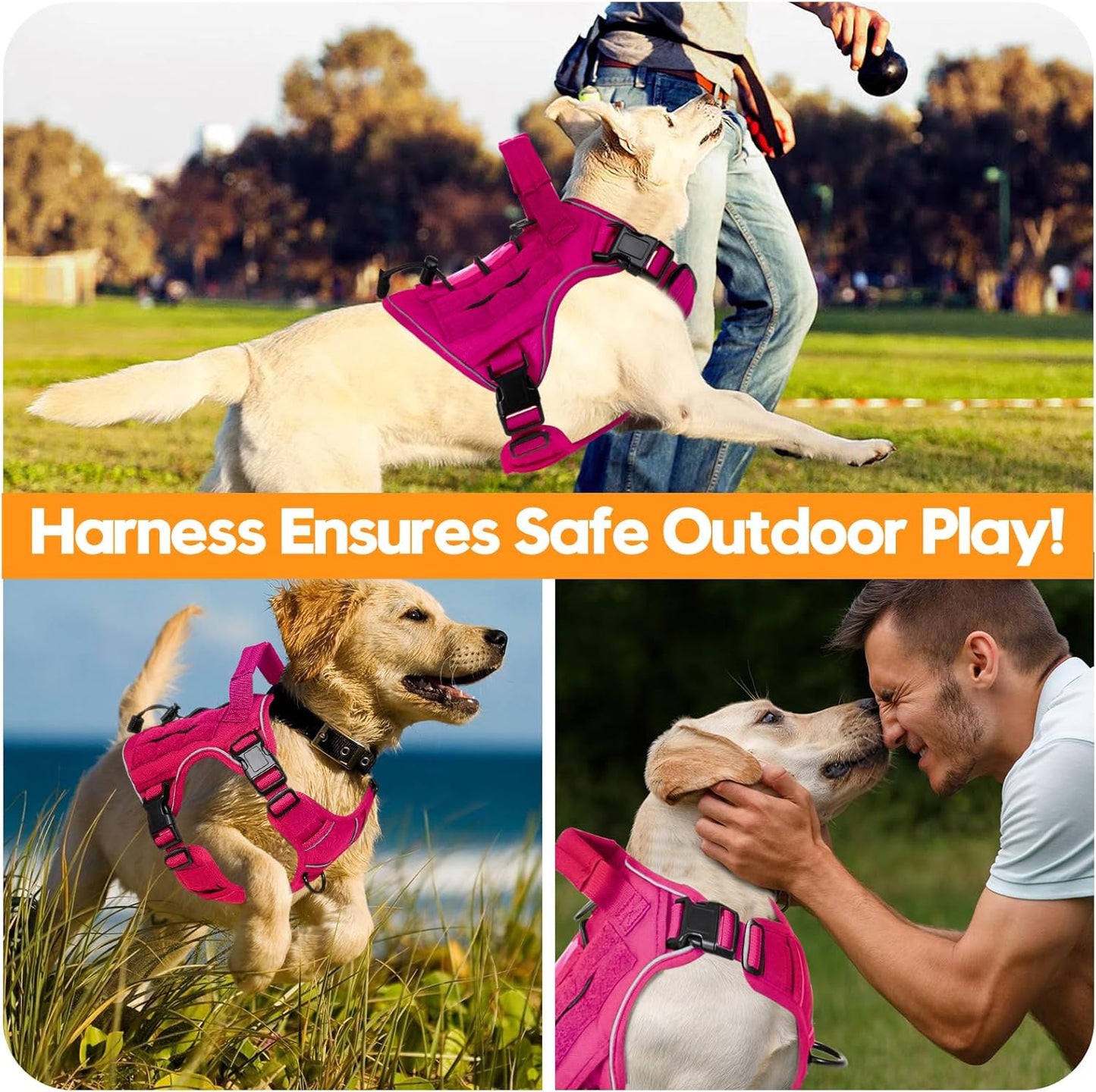 Heavy-Duty Tactical Dog Harness for Large Dogs, No Pull Adjustable Reflective Pet Vest with Molle System, K9 Military-Grade Control for Service Training, Outdoor & 10+ Breeds, Hot Pink, Medium