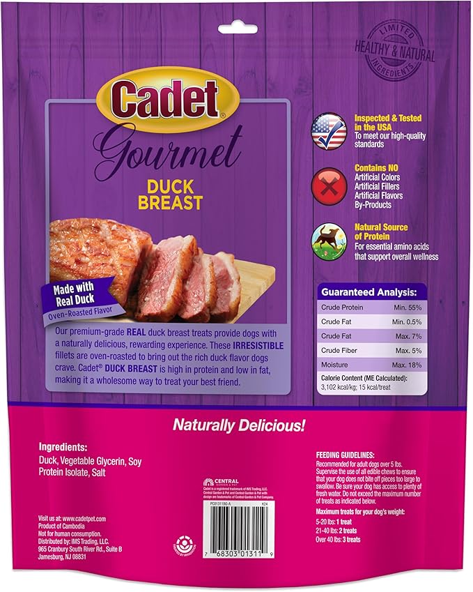 Cadet Gourmet Duck Breast Jerky Dog Treats, Healthy, Long-Lasting High-Protein Training Treats for Small & Large Dogs, 28 oz.