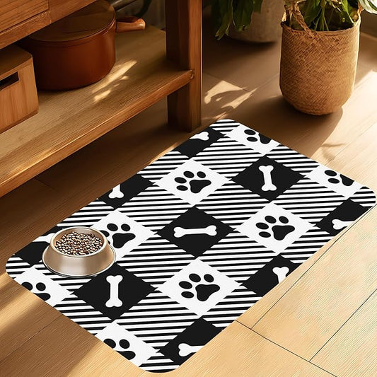 Paw Bone Plaid Pet Cat Dog Food Mat-Absorbent Quick Dry Feeding Placemat for Water and Food, No Stains Rubber Base Mat for Indoor Use, Pet Accessories 16"x24"
