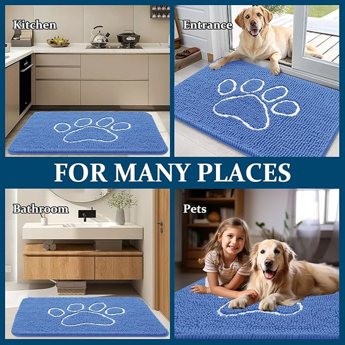 OLANLY Door Mat for Muddy Dog Paws 48x30, Absorbent Chenille Mud Doormat with Paw Print Design, Non-Slip Washable Doormat for Indoor Entryway, Quick-Dry Pet Bed Mats for Dirty Dogs, Cornflower Blue